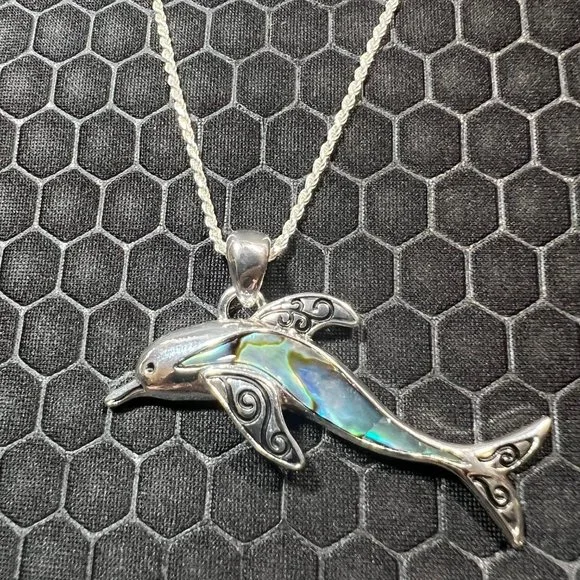 Dolphin Necklace with Green Abalone Stones 18K White Gold Plated - Picture 1 of 1